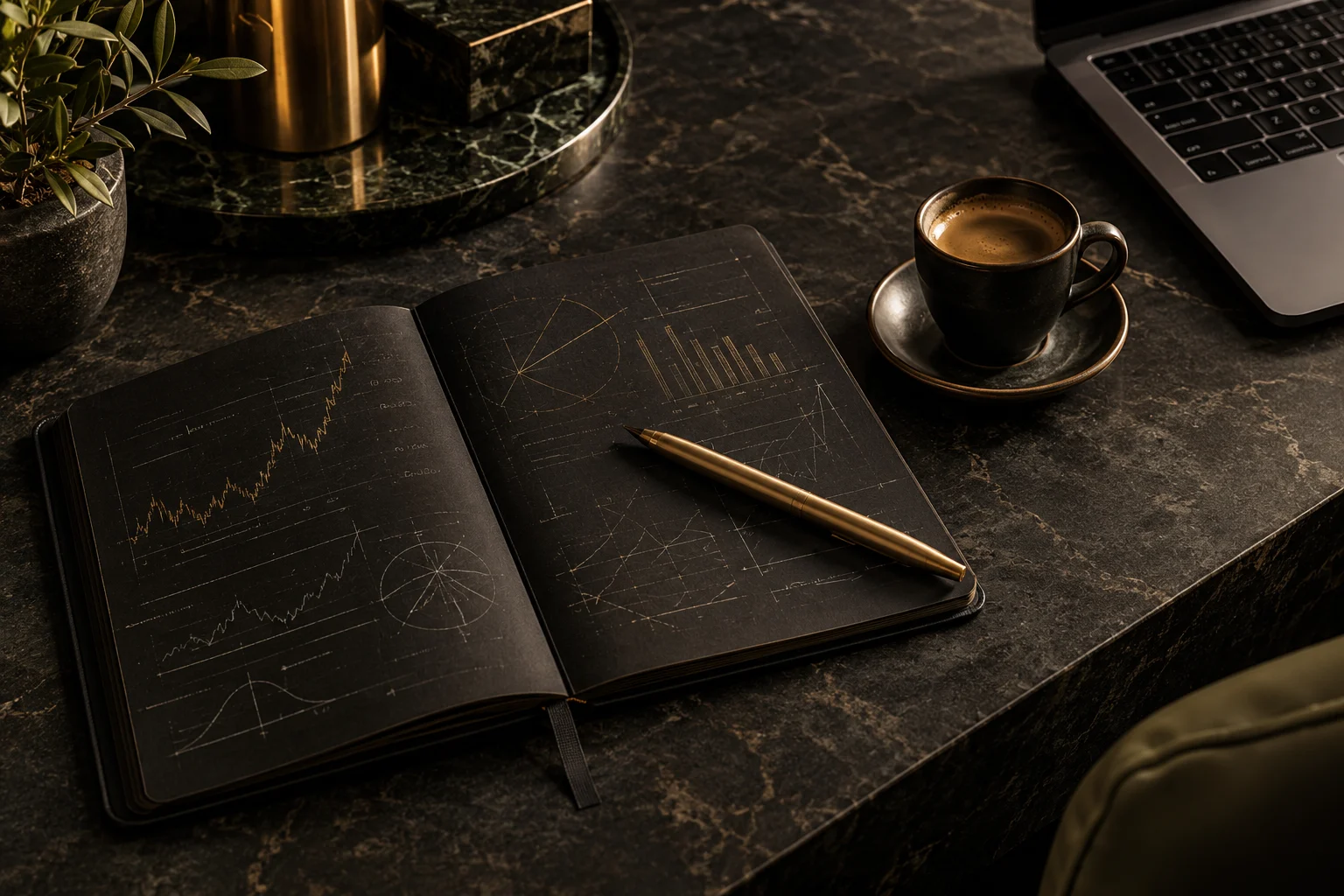 Cuaderno de estudio con gráficas de precio